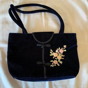 Chinese Midnight Blue Velvet Bag with Ribbon Embroidery